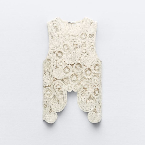 ZARA NEW ASYMMETRIC CROCHET TOP STRAW BEIGE S,M - Picture 7 of 17